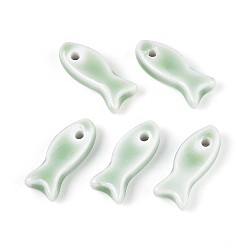 Темный Морско-зеленый Ручной фарфоровые керамические шарики, рыба, яркие глазированный фарфор, темно-зеленый, 24~25x10x6 мм, отверстие : 2 мм