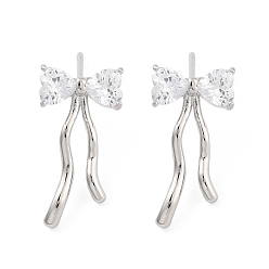 Платина Женские серьги-гвоздики из латуни с бантом и прозрачным фианитом, платина, 21.5x11x3.5 мм
