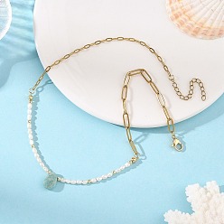 Golden Natural Amazonite Teardrop Pendant Necklaces, Natural Pearl Rice Beaded Necklaces with 304 Stainless Steel Paperclip Chains, Golden, 14.37 inch(36.5cm)