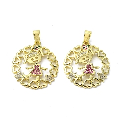 Red Rack Plating Brass Micro Pave Cubic Zirconia Pendants, Long-Lasting Plated, Real 18K Gold Plated, Lead Free & Cadmium Free, Round with Human, Red, 24.5x22x3mm, Hole: 5x3mm