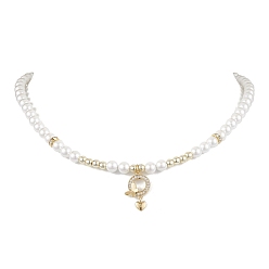 White Shell Pearl Necklaces, Brass Micro Pave Cubic Zirconia Pendant Necklaces, Ring with Butterfly & Heart, White, 16.50 inch(41.9cm)