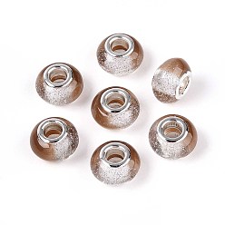 Верблюжий Прозрачные европейские бусины-рондель из смолы, с блестящей пудрой и латунными сердечниками платинового тона, бусины с большим отверстием, верблюжие, 14x9 мм, отверстие : 5 мм