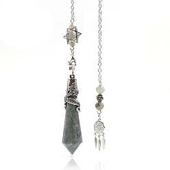 Labradorite Natural Labradorite Cone Dowsing Pendulum Big Pendants, with Meatl Woven Net/Web with Feather, Pendant: 68x16mm