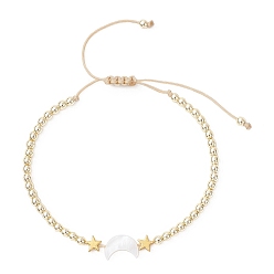 Золотистый Браслеты из плетеных бусин из синтетического гематита класса АА с гальваническим покрытием, немагнитные, для женщин, Луна и звезды, с натуральной пресноводной раковиной, золотые, внутренний диаметр: 2-1/8~3-3/8 дюйм (5.3~87 см)