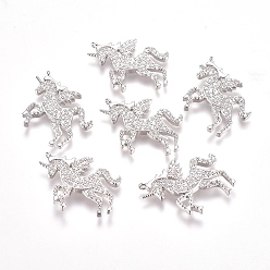 Real Platinum Plated Brass Micro Pave Cubic Zirconia Pendants, Unicorn, Clear, Real Platinum Plated, 27x20x2mm, Hole: 1.2mm