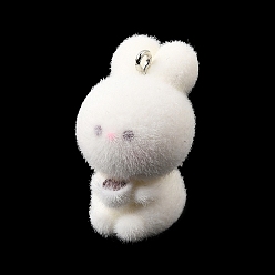 Кролик Флокированные подвески из непрозрачной смолы, с платиновыми тоновыми железными петлями, белые, очарование кролика, 30x20.5x22.5 мм, отверстие : 2 мм