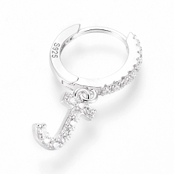 Letter J Rhodium Plated 925 Sterling Silver Hoop Earrings, Dangle Earrings, with Cubic Zirconia, with S925 Stamp, Letter, Clear, Platinum, Letter.J, 20mm, Pendants: about 8.8x6x1.5mm, Pin: 0.6mm