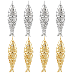 Platinum & Golden 8Pcs 2 Colors Rack Plating Brass Micro Pave Clear Cubic Zirconia Pendants, Fish Charms, with Jump Ring, Cadmium Free & Lead Free, Platinum & Golden, 36x11x6mm, Hole: 3mm, 4pcs/color 
