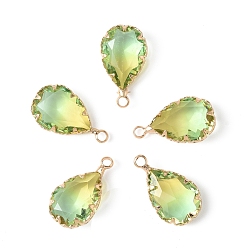 Желто-Зеленый 5 прозрачные стеклянные брелоки, слеза, с фурнитурой позолоченной латунной, два тона, граненые, желто-зеленый, 18x10x5 мм, отверстие : 2 мм