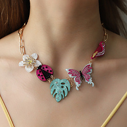 Butterfly Spring Summer Acrylic Rhinestone Pendant Bib Necklaces for Women, Golden, Colorful, Butterfly, 16.93 inch(43cm)