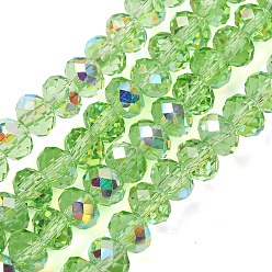 Светло-зеленый Гальванизируйте прозрачное стекло бисер нитей, рондель, с покрытием AB цвета, с половиным покрытием, граненые, светло-зеленый, 6x4 мм, отверстие : 1 мм, около 98~100 шт / нитка, 16.93~18.39'' (43~46.7 см)