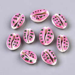 Hot Pink Natural Cowrie Shell Beads, with Enamel Polka Dot Pattern, No Hole/Undrilled, Hot Pink, 16~19x10~12.5x7mm