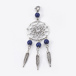 Темно-Синий Окрашенные синтетической бирюзы большие кулоны, с выводами из тибетского сплава и 304 застежками из лобстера, тканая сеть / паутина с пером, старинное серебро и цвет нержавеющей стали, темно-синий, 90 мм, кулон: 80x29x6 мм