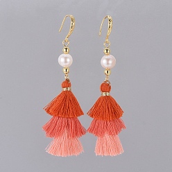 Dark Orange Polycotton Tassel Dangle Earrings, with Natural Cultured Freshwater Pearl Beads and  Brass Earring Hooks, Golden, Dark Orange, 74~75mm, pin: 0.7x1mm