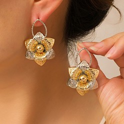 Golden & Stainless Steel Color Alloy Stud Earrings for Women, Flower, Golden & Stainless Steel Color, 45x29mm