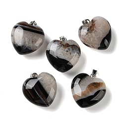 Negro Colgantes de ágata con núcleo de cristal natural teñidos y calentados, con 304 presas de acero inoxidable a presión, encantos del corazón, color acero inoxidable, negro, 32~33x30x13~14 mm, agujero: 7x4 mm