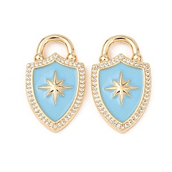 Темно-Голубой Кулоны с эмалью из латуни с прозрачным кубическим цирконием, Щит с звездой, золотые, глубокое синее небо, 30.5x18x3 мм, отверстие : 7x4 мм