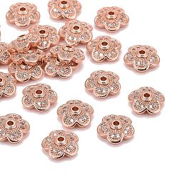 Real Rose Gold Plated 5-Petal Brass Micro Pave Clear Cubic Zirconia Bead Caps, Cadmium Free & Nickel Free & Lead Free, Real Rose Gold Plated, 9x9x3mm, Hole: 1.5mm