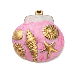 Ярко-Розовый 304 нержавеющей стальной эмали подвески, в форме ракушки с подвесками в виде раковины и морской звезды, ионное покрытие (ip), золотые, ярко-розовый, 21.5x20x4 мм, отверстие : 1.4 мм