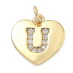 Letter U Латунные микропаве прозрачные подвески с фианитом, сердце прелести, без кадмия и без свинца, стойки покрытие, долговечный, реальный 18 k позолоченный, Буква U, 15x15x2 мм, отверстие : 3 мм