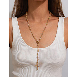 Золотой Подвеска-крест в виде цветка из сплава со стразами, лариат, ожерелье для женщин, золотые, 25 дюйм (63.5 см)