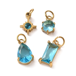 Sky Blue 4Pcs 4 Styles 304 Stainless Steel & Glass Pendants, Star & Flat Round & Teardrop & Rectangle, with Jump Ring, Faceted, Ion Plating(IP), Long-Lasting Plated, Sky Blue, 10~14x6.5~8x3~5mm, Hole: 3mm
