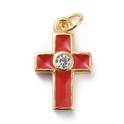 Красный Маленькие подвески в виде креста из кубического циркония, с латунной фурнитурой и эмалевой, золотые, красные, 15x9x2.5 мм, отверстие : 1.8 мм
