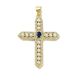 Темно-Синий Покрытие стойки латунь микро паве подвески с кубическим цирконием и искусственным жемчугом, без свинца и без кадмия, долговечный, реальный 18 k позолоченный, крестик, темно-синий, 36x26x4 мм, отверстие : 4.5x3 мм