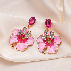 Бледно-Розовый Цветок сплава горный хрусталь качают серьги стержня, с эмалью, золотые, розовый жемчуг, 60x40 мм