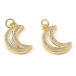 Real 18K Gold Plated Brass Cubic Zirconia with Shell Pendants, Long-Lasting Plated, Lead Free & Cadmium Free, Moon, Real 18K Gold Plated, 19x12x3mm