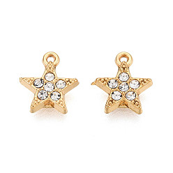 Настоящее золото 18K 304 из нержавеющей стали амулеты горный хрусталь, звезды прелести, вакуумное покрытие pvd, реальный 18 k позолоченный, 9.5x8.5x2 мм, отверстие : 0.8 мм