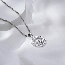 Нержавеющая Сталь Цвет Ожерелья из нержавеющей стали с полым плоским круглым кулоном в байкерском стиле для мужчин и женщин, цвет нержавеющей стали, 23.62 дюйм (60 см)