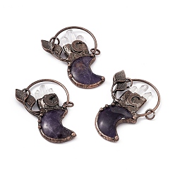 Аметист Природный аметист большие кулоны, Луна прелести, с латунным покрытием цвета красной меди и кристаллами кварца, без кадмия и без свинца, 68~69.5x49x8.5~9 мм, Кольцо: 9x1.5 mm, отверстие : 6 мм