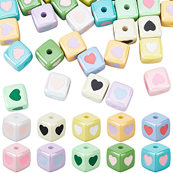 Mixed Color 40Pcs Opaque Acrylic Enamel Beads, Cube with Heart Beads, Mixed Color, 12.6x12.5x12.5mm, Hole: 3mm