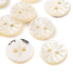 Seashell Color Carved Flower Natural Shell Buttons, 2-Hole Flat Round, Seashell Color, 11.5x2mm, Hole: 1.5mm