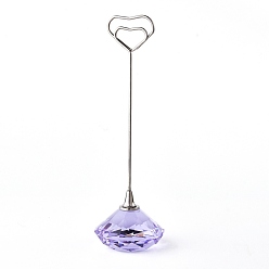 Lilac Diamond Shape Glass Name Card Holder, Wedding Table Number Card Holders, with Iron Findings, Heart, Lilac, 130mm