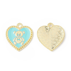 Pale Turquoise Alloy Enamel Pendants, Heart with Bear Pattern Charm, Golden, Pale Turquoise, 21x19x1.7mm, Hole: 2mm