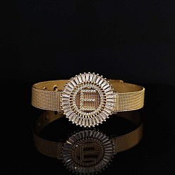 Letter E Латунные браслеты с микропаве из прозрачных кубических цирконий для женщин, плоские круглые с буквы, реальный 18 k позолоченный, Письмо E, 8-1/4 дюйм (21 см)