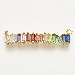 Golden Brass Micro Pave Cubic Zirconia Pendants, Rectangle, Colorful, Golden, 35x8x3mm, Hole: 1.4mm