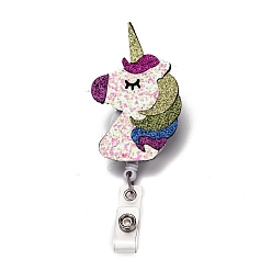 Сине-фиолетовый Единорог блестящая пудра войлок и пластиковый бейдж на катушке, выдвижной держатель для бейджа, с железным зажимом из кожи аллигатора, платина, синий фиолетовый, 12.3 см, единорог: 85x51x25 мм