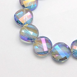 Sky Blue Electroplate Crystal Glass Flat Round Beads Strands, Faceted, Rainbow Color Plated, Sky Blue, 14mm, Hole: 1mm, about 50pcs/strand, 27.5 inch