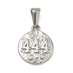 Нержавеющая Сталь Цвет Текстурированные 304 подвески из нержавеющей стали, плоский круглый с подвеской в виде цифры 4, со стразами, цвет нержавеющей стали, 18x15x3 мм, отверстие : 7x3.7 мм