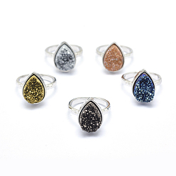 (52) Непрозрачная лаванда Гальванизированный естественный druzy кварцевый кристалл палец кольца, с фурнитурой из экологически чистой латуни, без свинца и без кадмия, долговечный, плоско-круглые, Размер 7, Реальная платина, разноцветные, 17 мм