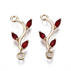 Красный Соединители из латуни с микропаве и кубическим цирконием, золотой свет, долговечный, без кадмия и без свинца, филиал, красные, 20~21x8.5x3 мм, отверстие : 1.5 мм