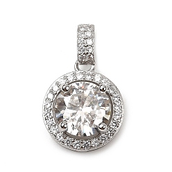 Платинированный 925 плоские круглые подвески из стерлингового серебра с кристаллами муассанита и стразами, родий, Реальная платина, 14.5x12x6.5 мм, отверстие : 2x4.5 мм