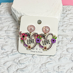 Colorful Printed Acrylic & Stud Dangle Earrings, Heart with Word Love & Flower, Colorful, 40mm