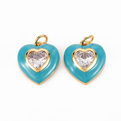 Dark Cyan Brass Enamel Pendants, with Clear Cubic Zirconia and Jump Ring, Nickel Free, Real 16K Gold Plated, Heart, Dark Cyan, 17.5x15.5x4.5mm, Hole: 3.5mm