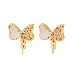 Настоящее золото 18K Фурнитура для серег-гвоздиков из латунных ракушек с микропаве из кубического циркония, за половину пробурено бисера, с уха орехов, бантом, без кадмия и без свинца, стойки покрытие, долговечный, реальный 18 k позолоченный, 14x11.5 мм, штифты : 0.8x11 мм