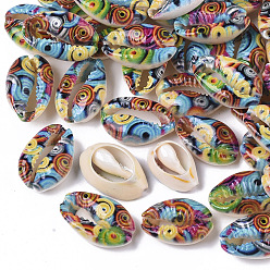 Colorful Printed Natural Cowrie Shell Beads, No Hole/Undrilled, with Marine Organism Pattern, Colorful, 18~25x12~15x7mm