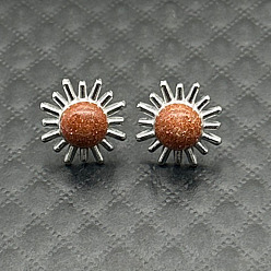 Серебро Серьги-гвоздики из сплава с натуральным тигровым глазом и цветком, серебряные